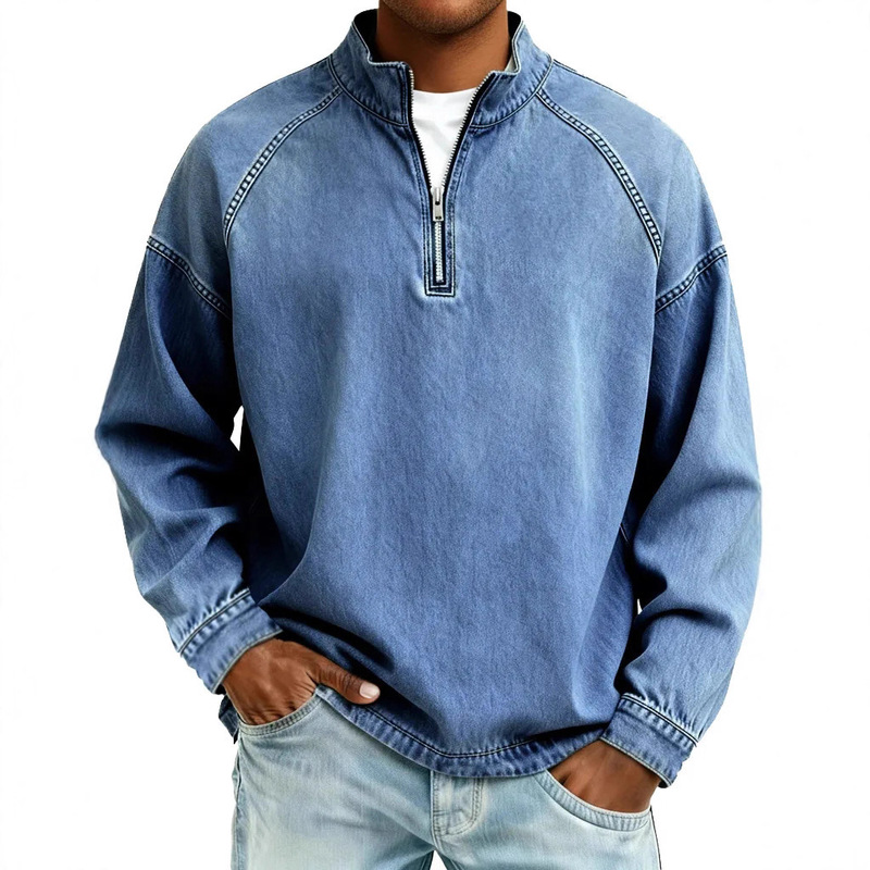 Amazon 2026 New Cross-Border Independent Site Men's Tops Retro Fashion Long-Sleeve Zip-Up Stand Collar Long-Sleeve T-Shirt