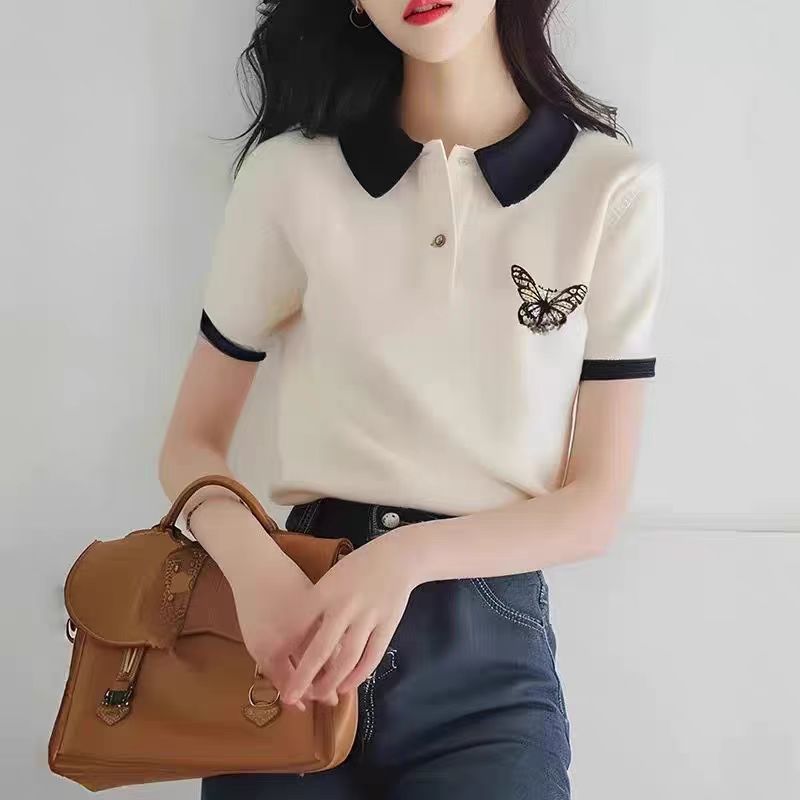 Áo thun nữ cổ polo tay ngắn trắng đơn giản họa tiết bướm — Màu trắng chi tiết 6