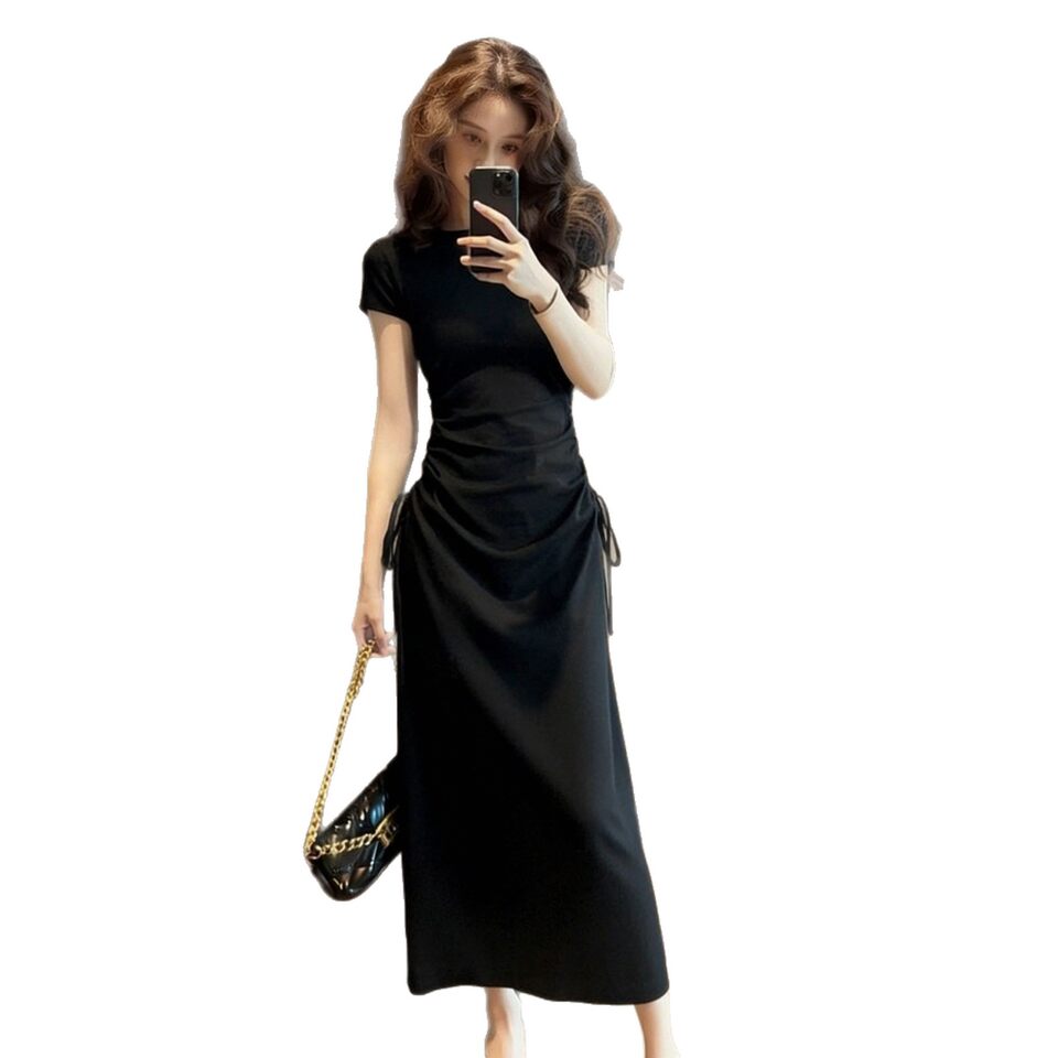 Đầm liền thân tay ngắn cổ polo dáng chữ A chiết eo tôn dáng — Xám đậm [Phiên bản nâng cấp cao cấp], Đen [Phiên bản nâng cấp cao cấp]