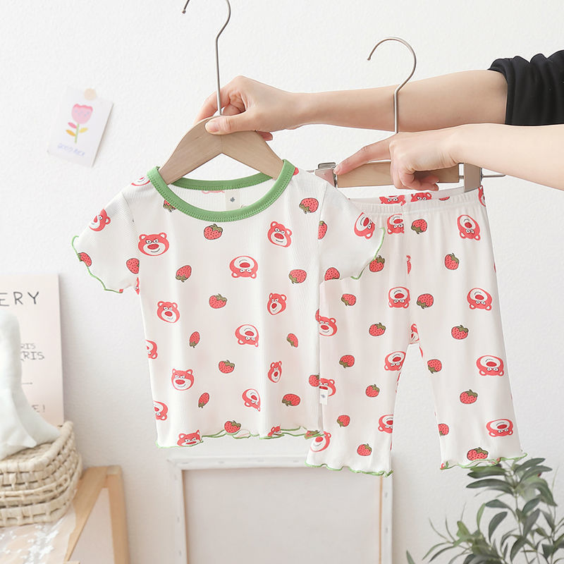 Las niñas de seda de hielo desgaste traje de estilo occidental verano nuevo estilo coreano bebé niñas hielo seda fresco pijamas desgaste del hogar conjunto