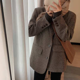 咖色千鸟格子毛呢西装外套女2025秋冬新款韩版宽松羊毛呢子大衣