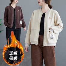 实拍秋冬新款加绒短外套简约宽松夹克休闲棒球服女式黑色开衫长袖