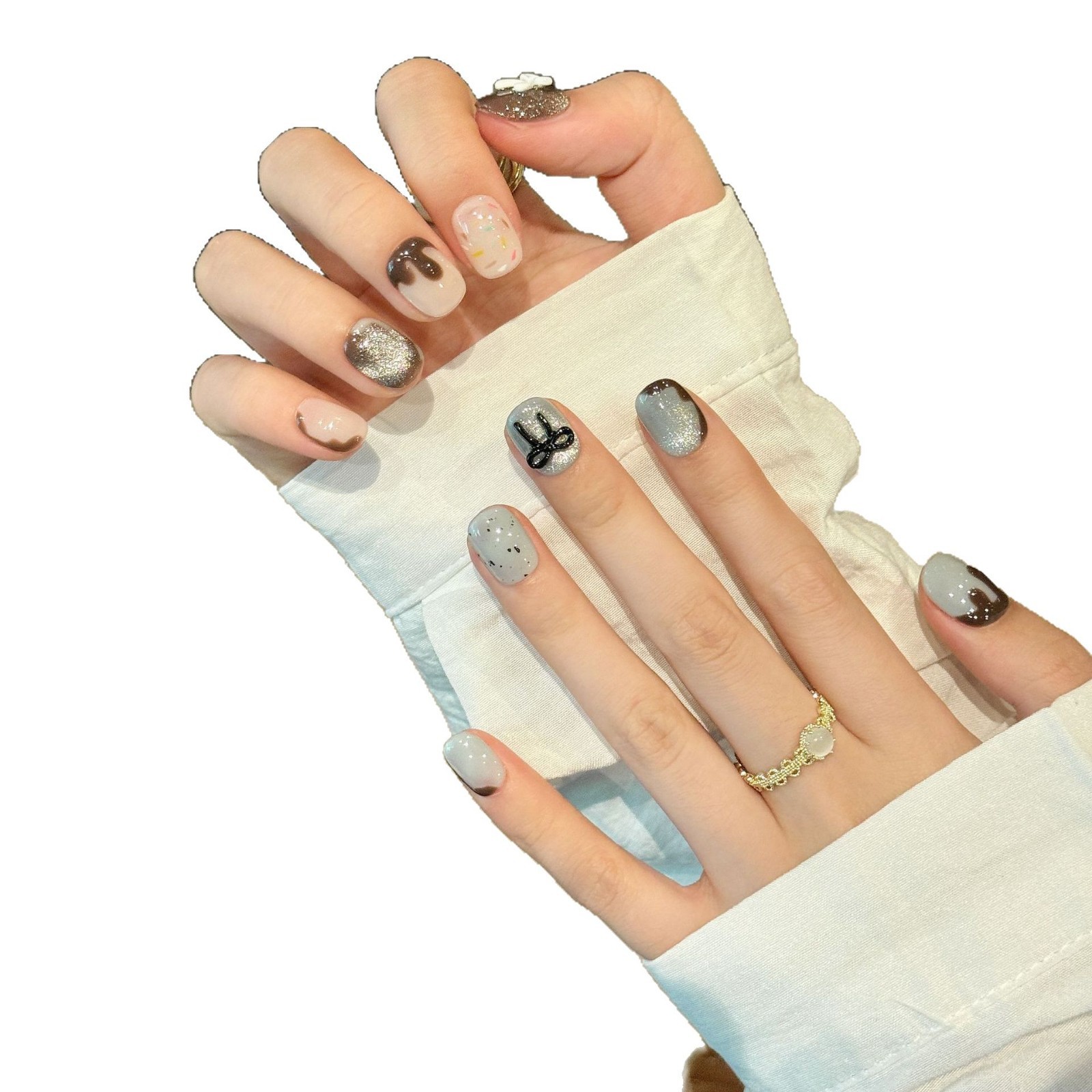 Armadura de vestir hecha a mano, arco tridimensional hecho a mano, ojo de gato, diseño de nicho, temperamento blanco, uñas de uñas, uñas de vestir