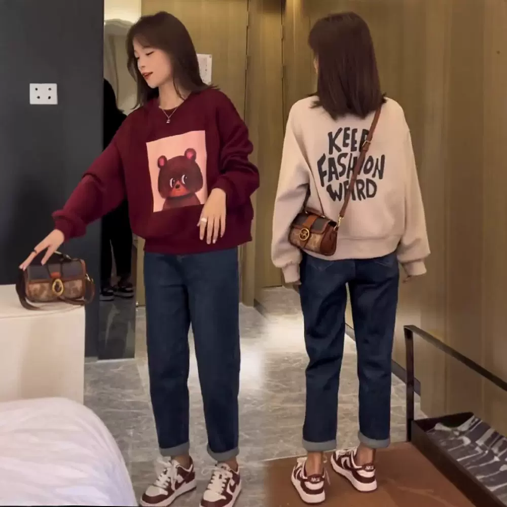 网红时尚小个子卫衣女宽松设计感小众减龄复古卡通小熊印花上衣潮