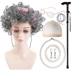 COS老奶奶短捲髮萬聖節老婆婆假髮老爺爺鬍子節日小品裝扮套裝