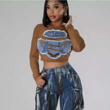 11034娜扎达欧美跨境女装新款网纱贴布牛仔性感辣妹修身T恤 上衣