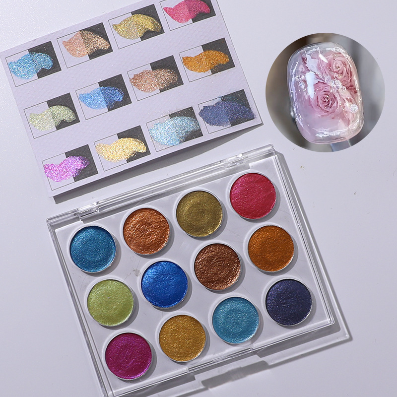 Pintura de acuarela nacarada sólida de 12 colores de estilo japonés, pintura de color de gemas de luz de las estrellas, pintura de manicura al por mayor