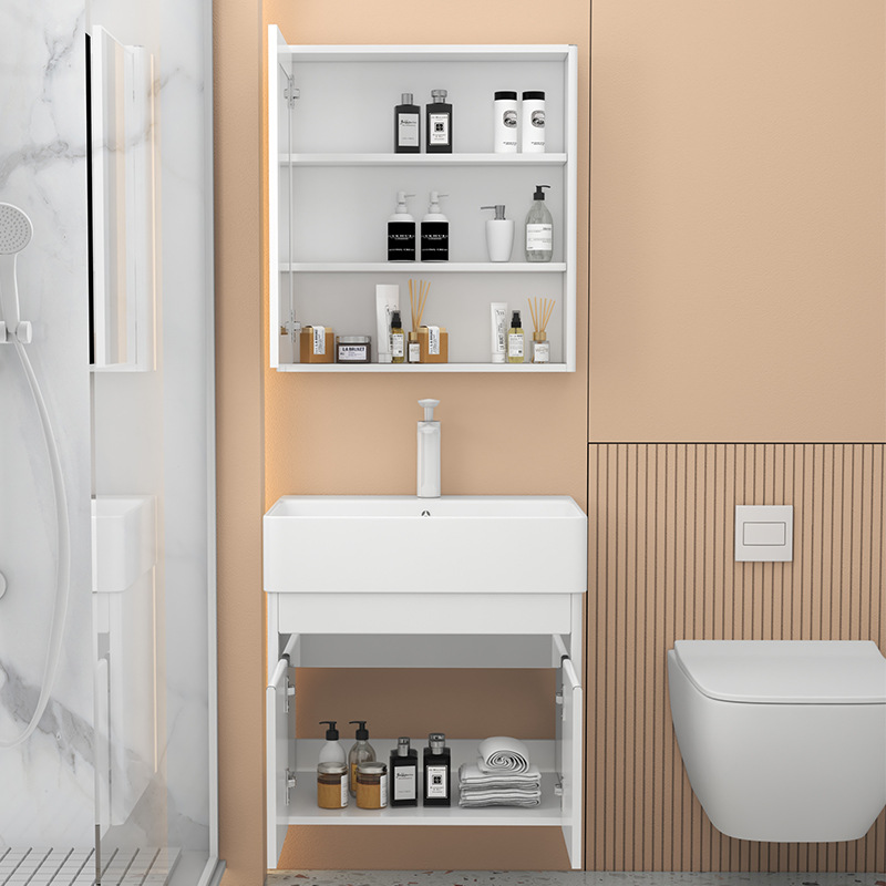 armario de baño de arco de acero inoxidable pequeño tipo cerámico lavabo integrado pequeño tamaño lavabo armario combinado lavabo