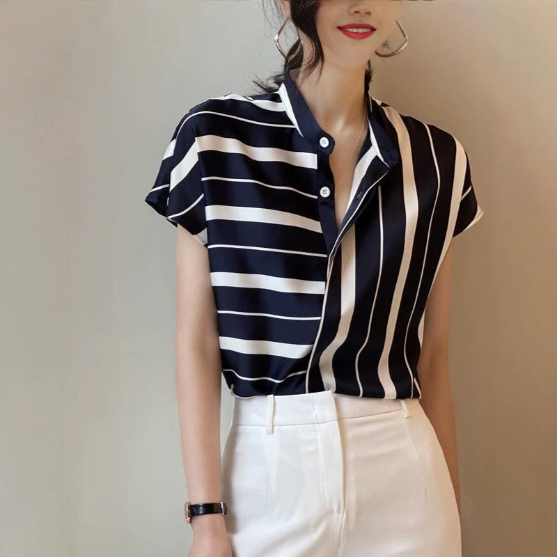 Áo sơ mi ngắn tay sọc phối màu thiết kế rộng rãi phong cách Pháp — sọc chi tiết 3