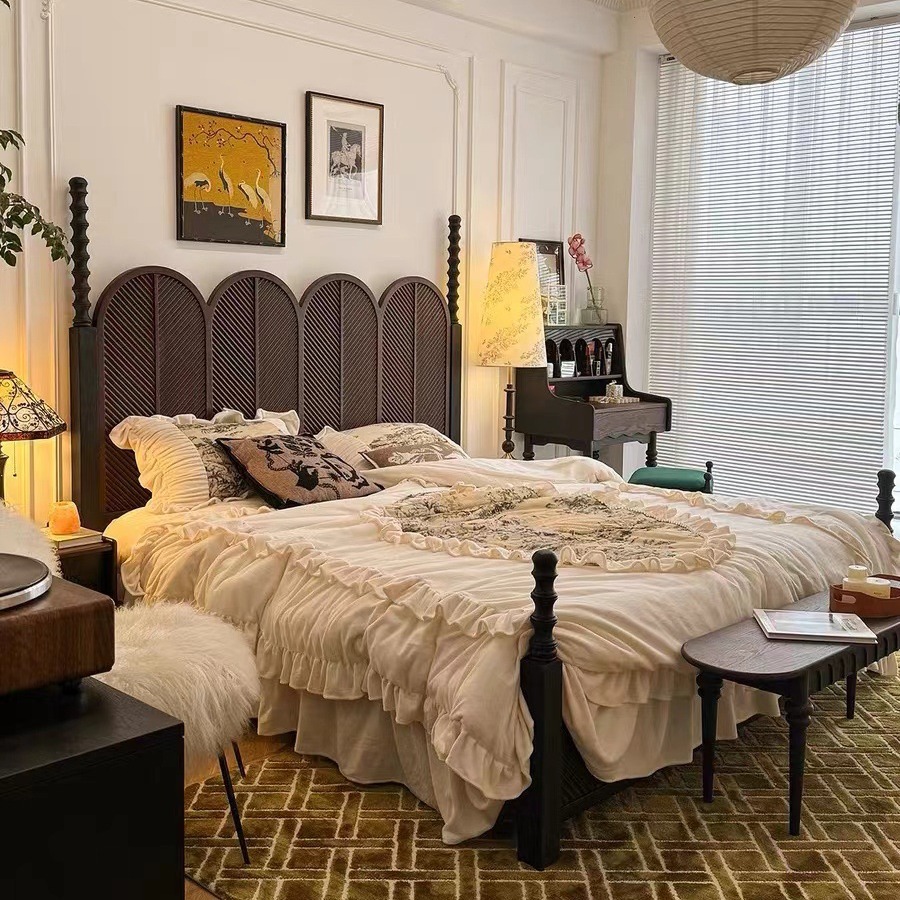 法式卧室白蜡木木床复古罗马柱实木雕刻卧室双人床创意设计感公主