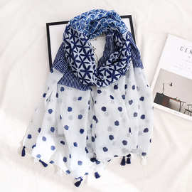 秋冬保暖波点印花棉麻手感夏季云南旅游防晒巴厘纱长款披肩围巾女