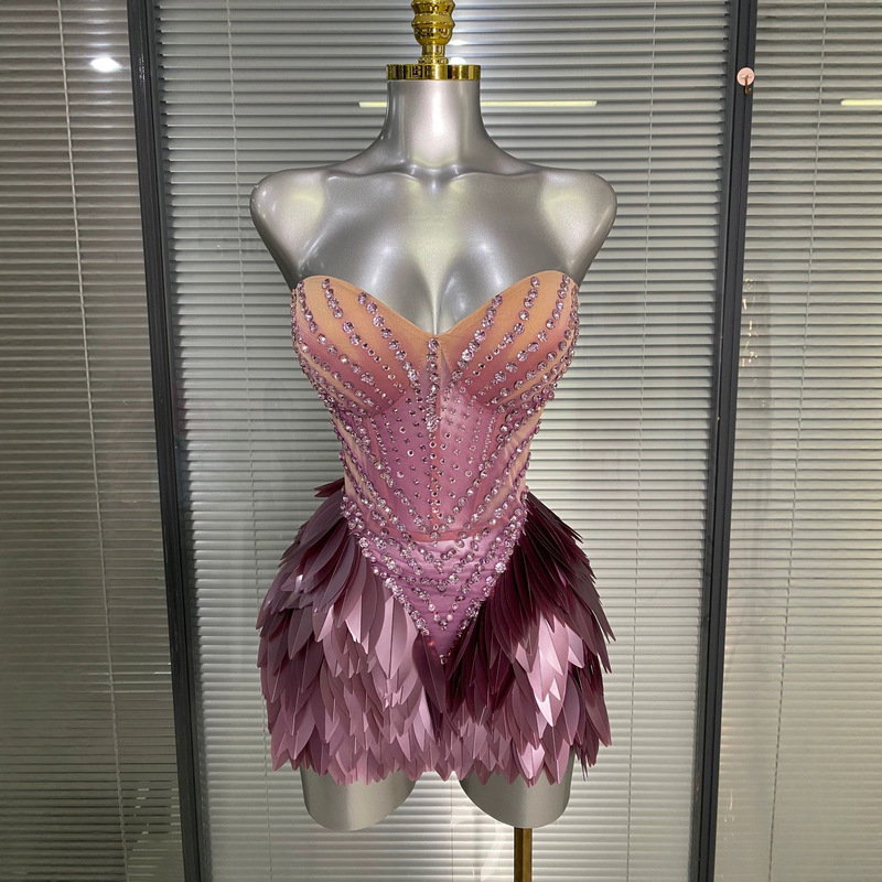 European and American cross-border purple rhinestone stage performance dress nightclub mesh feather strapless bodycon short skirt sexy dress European and American cross-border purple rhinestone stage performance dress nightclub mesh feather strapless bodycon short skirt sexy dress