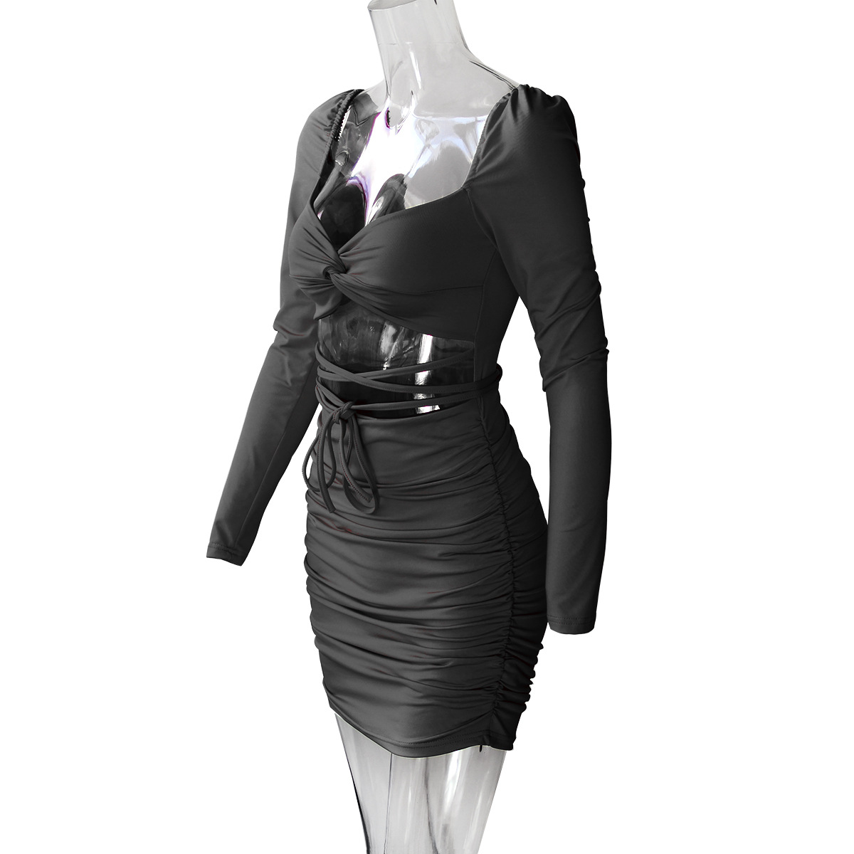 Autumn Winter Long Sleeve Dress Hollow Out Cutout Sexy Backless Low Cut Dress Short