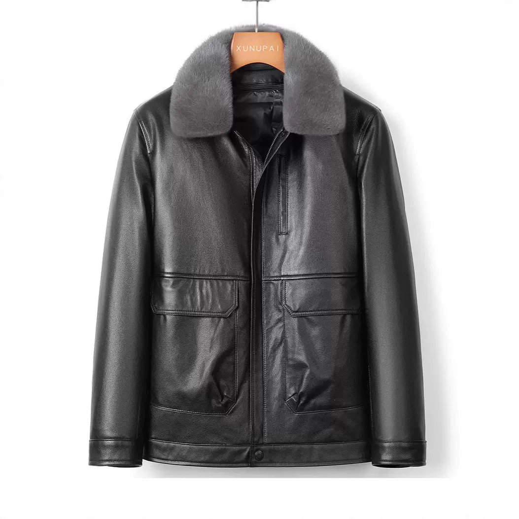 真皮皮衣男水貂领中年头层牛皮羽绒皮毛一体外套加厚爸爸纯皮夹克