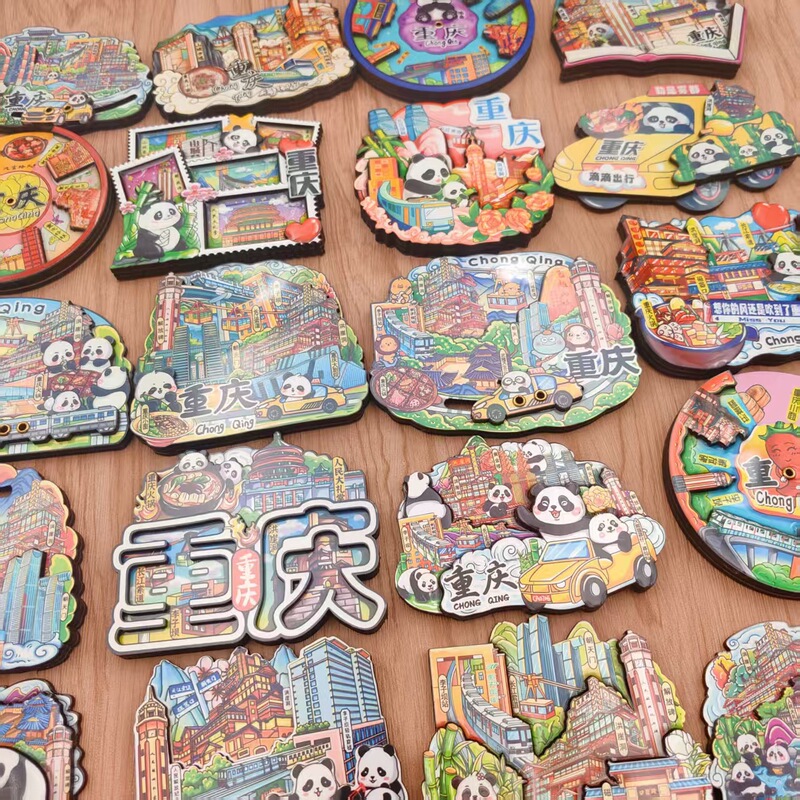 Chongqing City Panda Refrigerator Magnet Hongyadong Liziba 3D Wooden Magnetic Sticker Cultural and Creative Tourism Souvenir