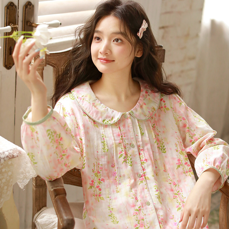 Pure Cotton Pajamas Women's Spring Clothing Sweet Floral Long-sleeved suit Double-layer Cotton Yarn Cute Doll Collar Internet Popular Home Clothes