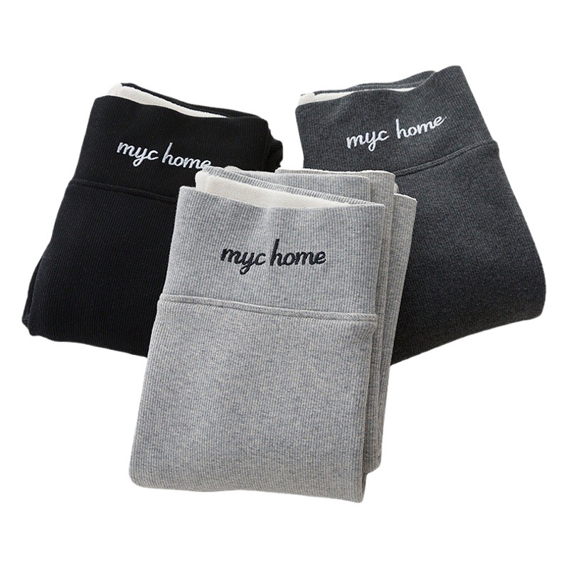 Leggings de otoño e invierno para mujer, pantalones ajustados, patrón de canalé vertical gris, pantalones de algodón grueso y cálido de lana de cordero que adelgazan.