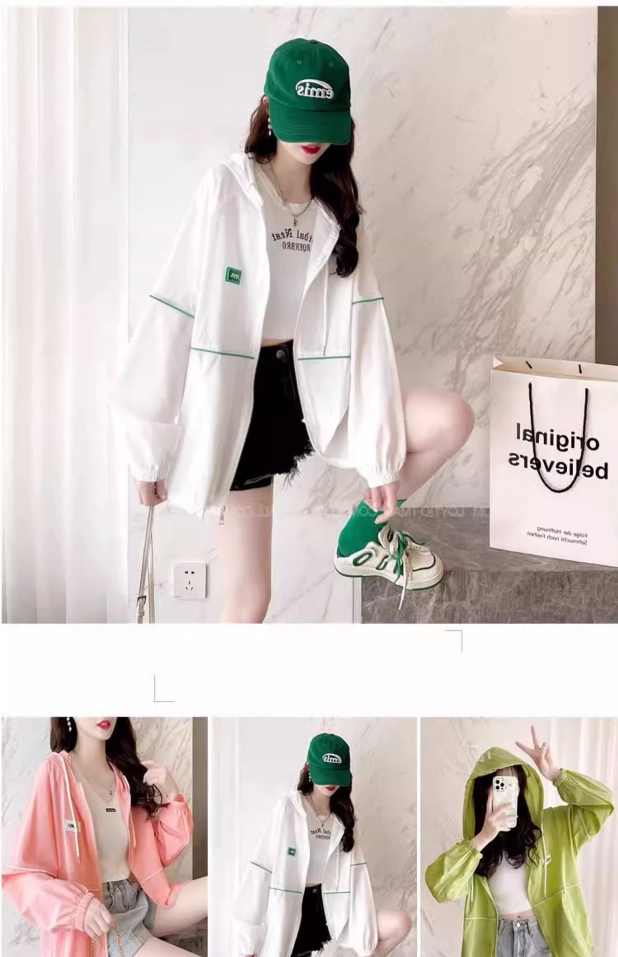 Áo chống nắng nữ dáng rộng có mũ, mỏng thoáng khí mùa hè, phong cách thể thao đa năng — Màu hồng chi tiết 1
