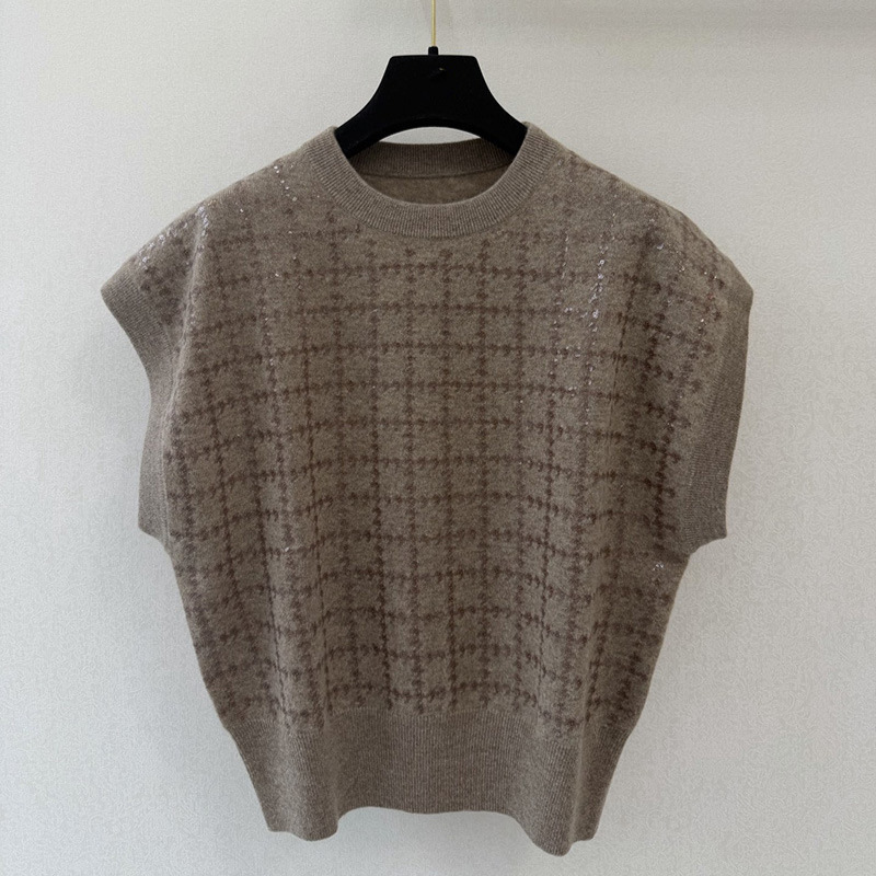 Bc's New Luxury Sequined Plaid Cashmere Short-Sleeved Women's Round-Neck Sleeveless Loose-Fitting Layered Outerwear Vest Knitwear Bc's New Luxury Sequined Plaid Cashmere Short-Sleeved Women's Round-Neck Sleeveless Loose-Fitting Layered Outerwear Vest Knitwear