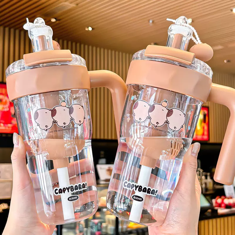 High quality cartoon plastic capacious tea cup, handle, straw, glass