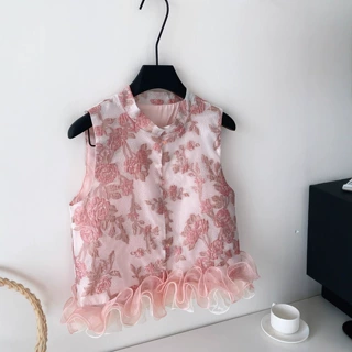 跨境新中式国风高级感重工刺绣无袖上衣女夏季立体荷叶边拼接开衫