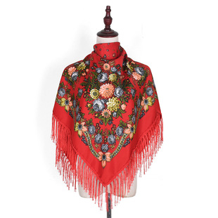 New Ethnic Style Tassel Flower Printed Scarf Spring Autumn Winter Travel Women Embroidered Square Scarf Air-Conditioned Room Shawl