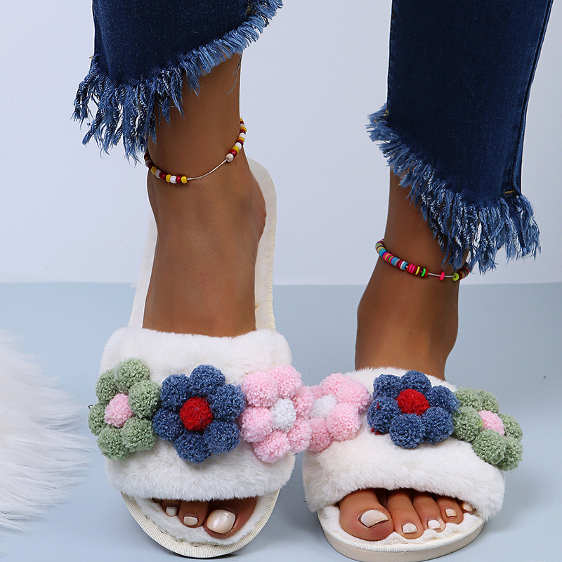 Flat-Bottomed Colorful Flowers Furry Slippers NSKJX104840