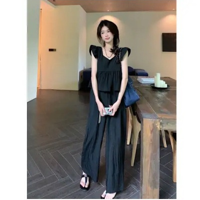 Salt Series Fashionable Set for Women's Summer New Style Casual Wide Leg Pants with High Waist and Short Sleeve Doll Shirt 