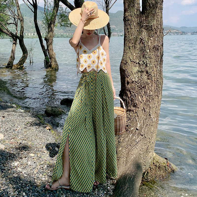 Seaside Vacation Beach Pants for Women Summer Yellow and Green Plaid Slit Culottes with Straps High Waist Wide Leg Pants Elegant Floor Mopping Pants