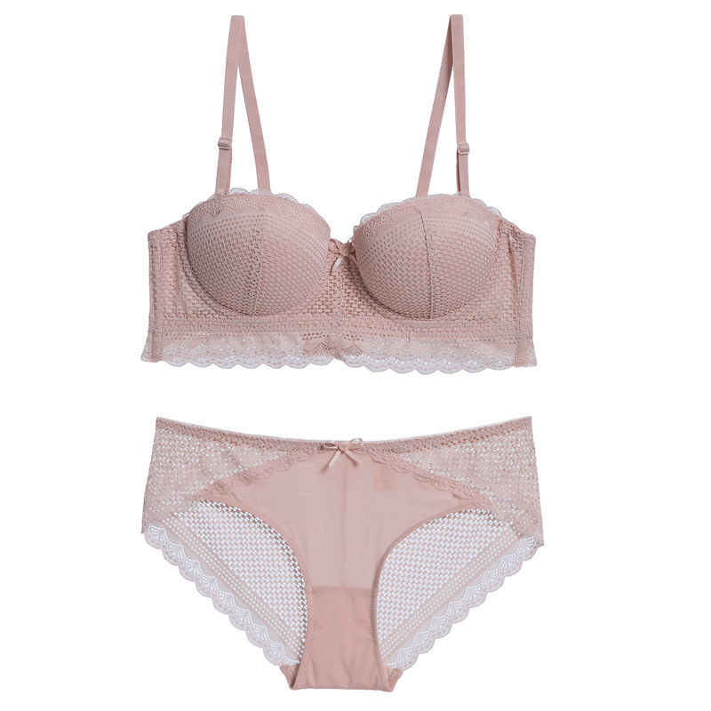 Bielizna Half Cup Girl Gathers to Gather Side Breast Sexy Lace with Steel Ring Bra Set_voghion.com