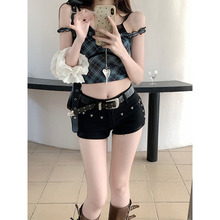 美式性感黑色低腰牛仔超短裤女y2k辣妹设计感铆钉显瘦a字包臀热裤