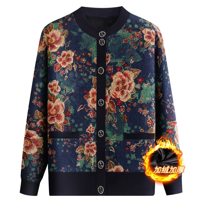 Свитер для матери, Женский утолщенный бархатный вязаный свитер с круглым вырезом на флисовой подкладке, для осени и зимы, верхнее пальто-кардиган с круглым вырезом для среднего и пожилого возраста