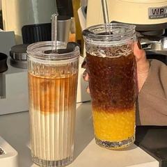 高見え透明コーヒーアイスアメリカンラテグラス大容量蓋付きストローカップオフィスウォーターカップ