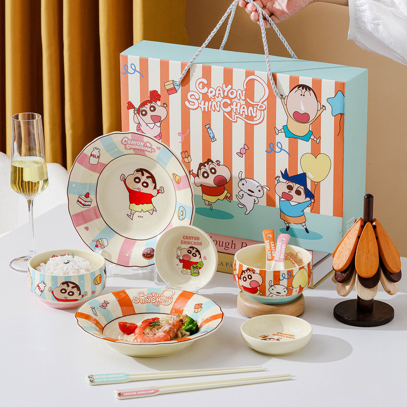 Crayon Shin-chan Colorful Series Single-Person Dining Gift Set: Children's Bowl, Spoon, Chopsticks, Plate, Five-Piece Tableware Set Wholesale