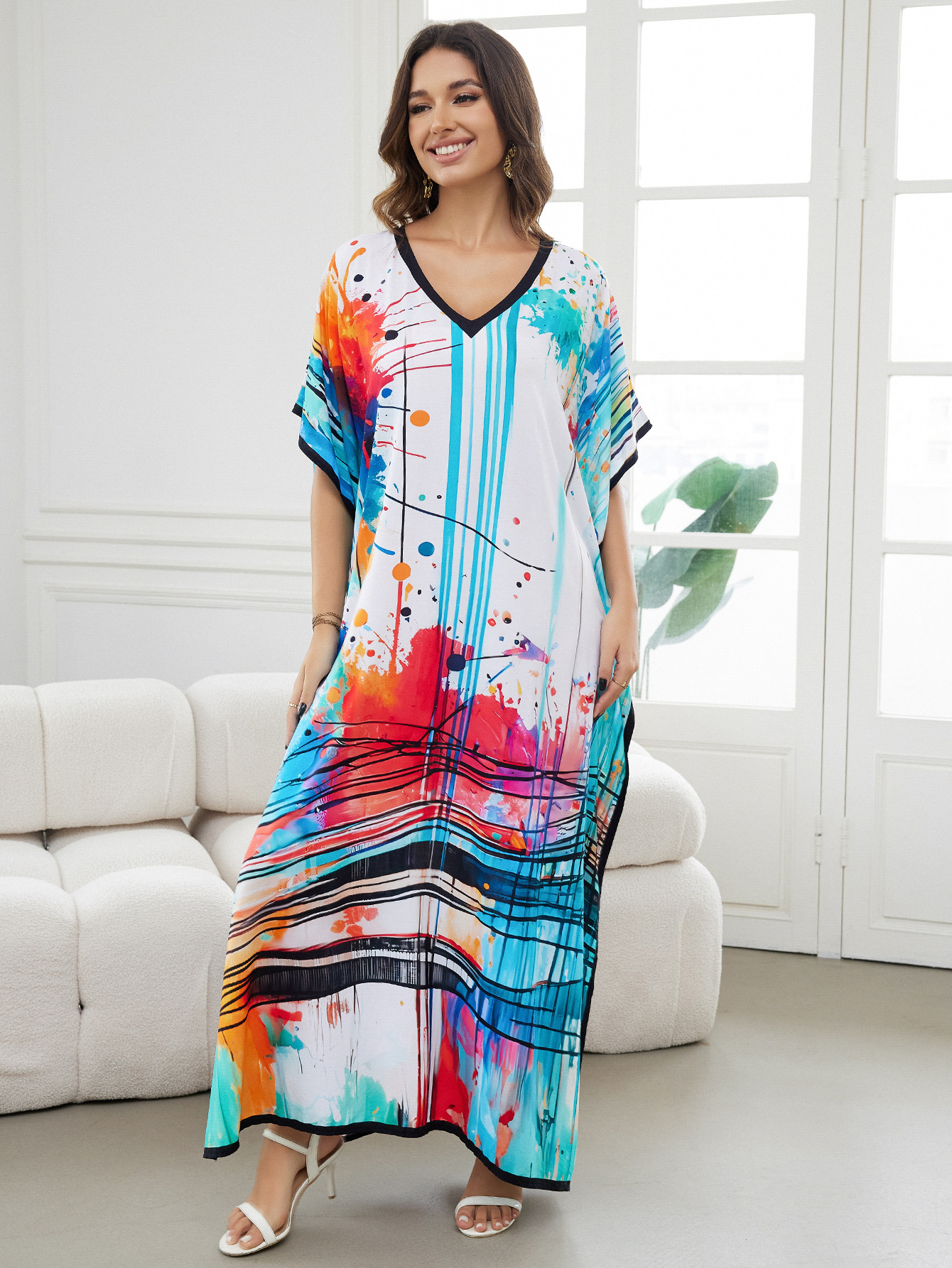 Rochie de plajă lungă kimono dama boho viscoză tie-dye_voghion.com