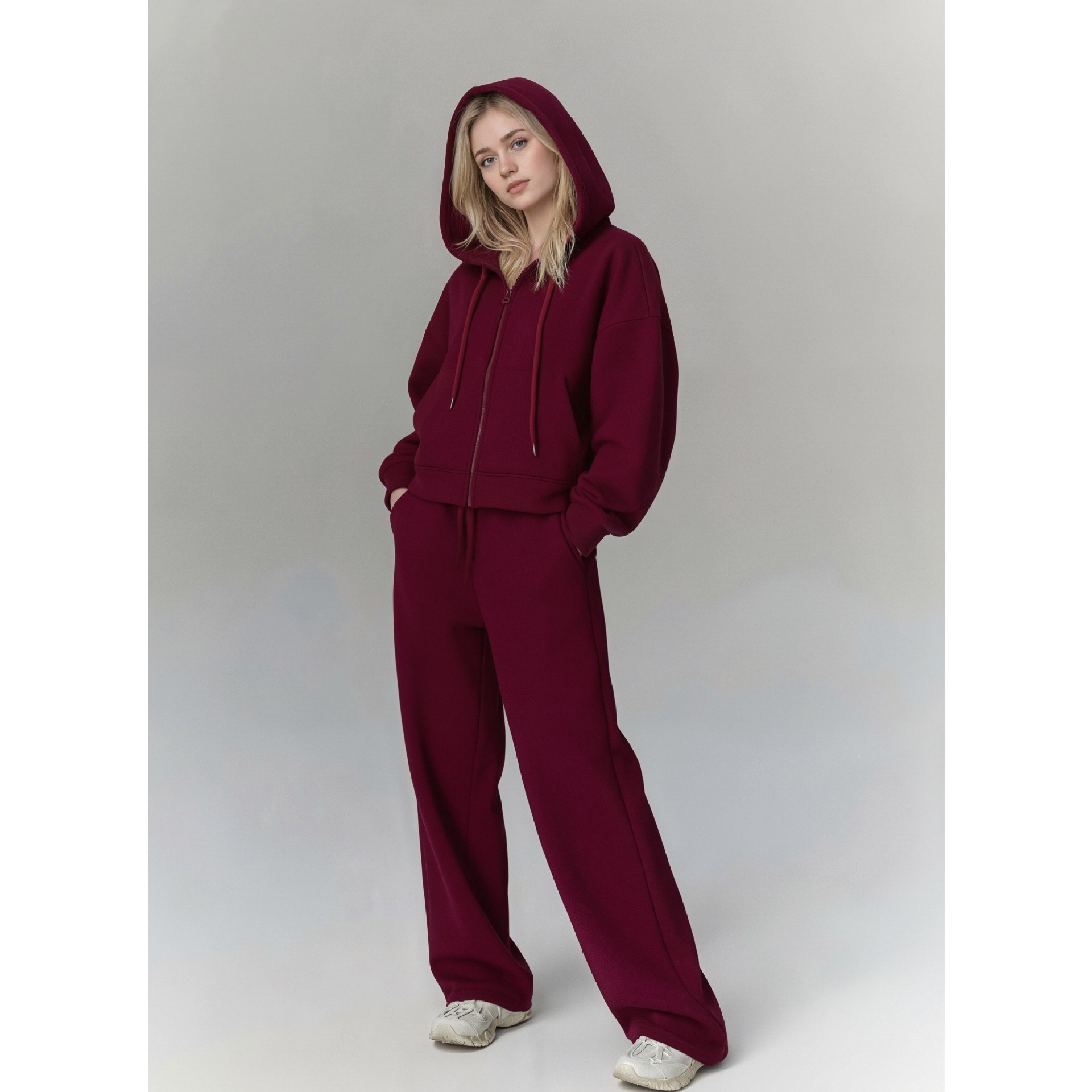 European and American Cross-Border Fashion Sports Cotton Suit Women's Pure Color Long-Sleeved Zipper Cardigan Hooded Sweatshirt Lace-Up Pants Two-Piece Set
