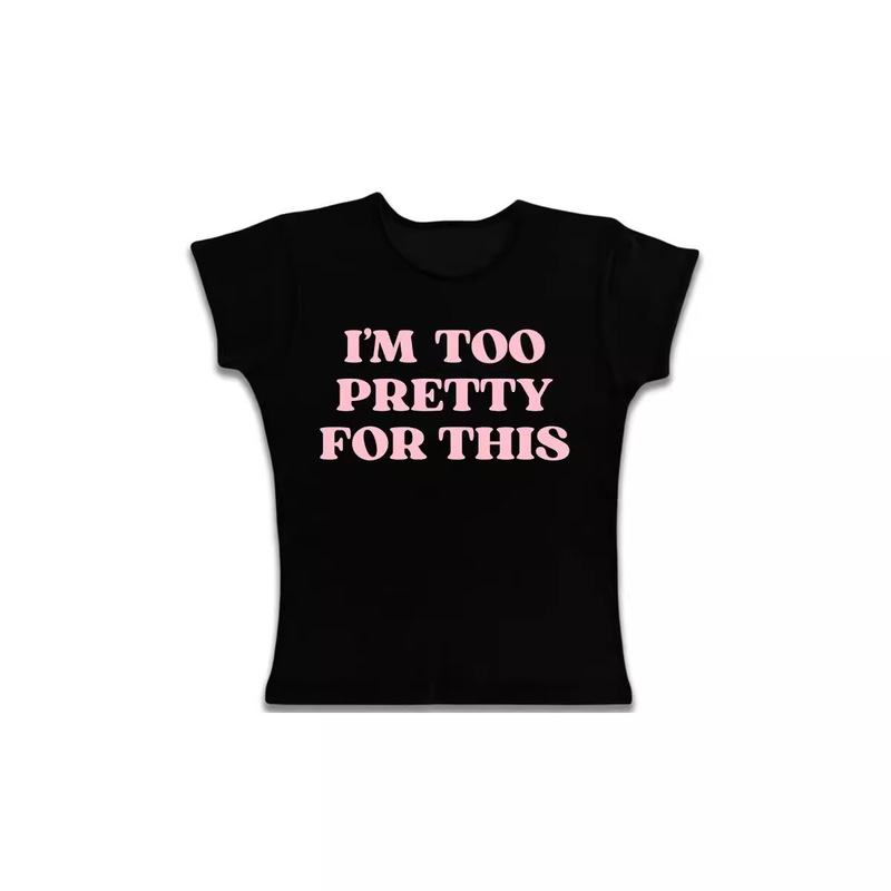 Foreign Trade American-style English Printing Sweet Cool Trend Solid Color T-shirt Simple Round Collar Street-style Navel-exposed Women's Top