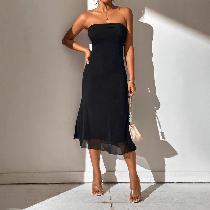 2025 European and American Cross-Border New Style Elegant Solid Color Strapless Fishtail Dress Slim Fit Mid-Length Tube Dress