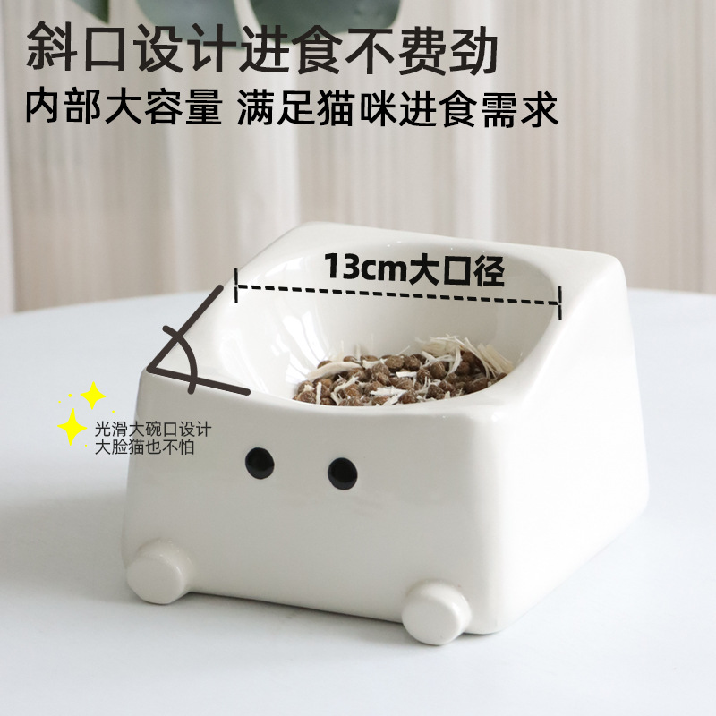 Cuenco de cerámica simple para gatos Cuello alto Cuello de gato Diagonal Cuenco de gran capacidad Anti-volteo Elf Pet Cuenco Anti-negro