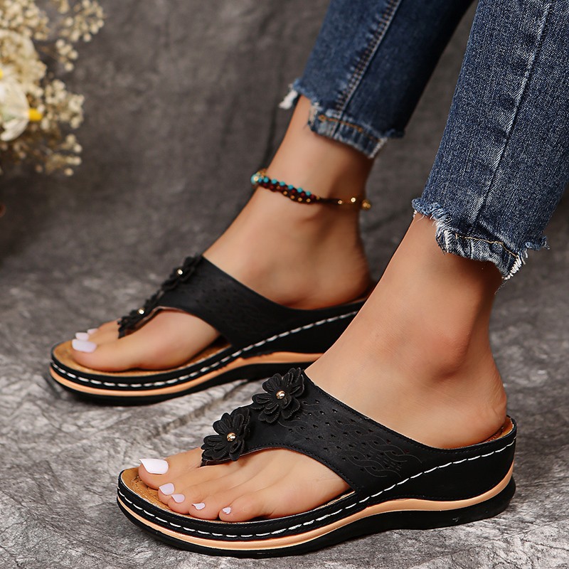 外贸大码厚底夹趾拖鞋女Women Slippers车缝线厚底花朵镂空人字拖