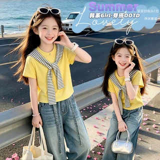 女童黄色假两件短袖满天星牛仔裤两件套2026夏季新款休闲儿童套装