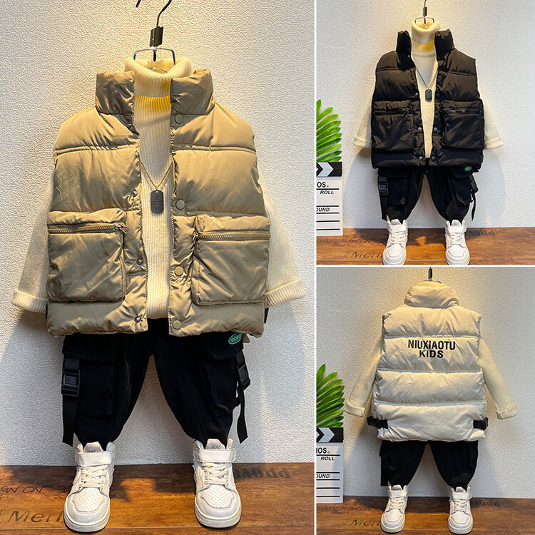 Βαμβακερό γιλέκο για αγόρια διπλή τρισδιάστατη τσάντα στα τέλη του φθινοπώρου, αμάνικο συν, παιδικός χειμώνας_voghion.com