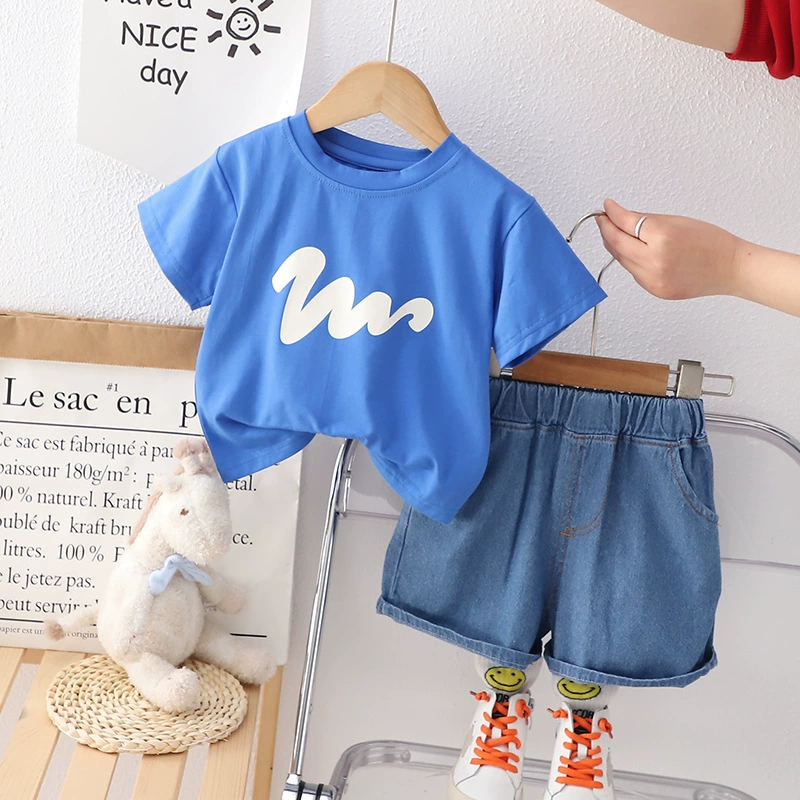 Children's summer summer clothing for boys, wavy sleeves, set, 2023, children's clothing, with short sleeve