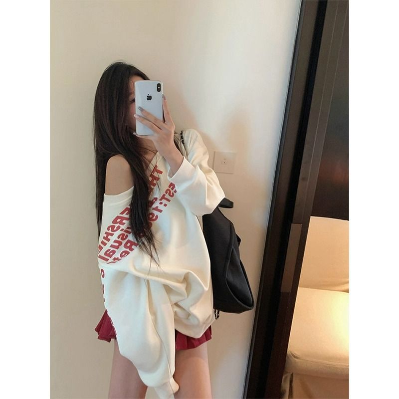 美式卫衣女露肩斜肩春秋冬季oversize慵懒风百搭显瘦宽松上衣外套|undefined
