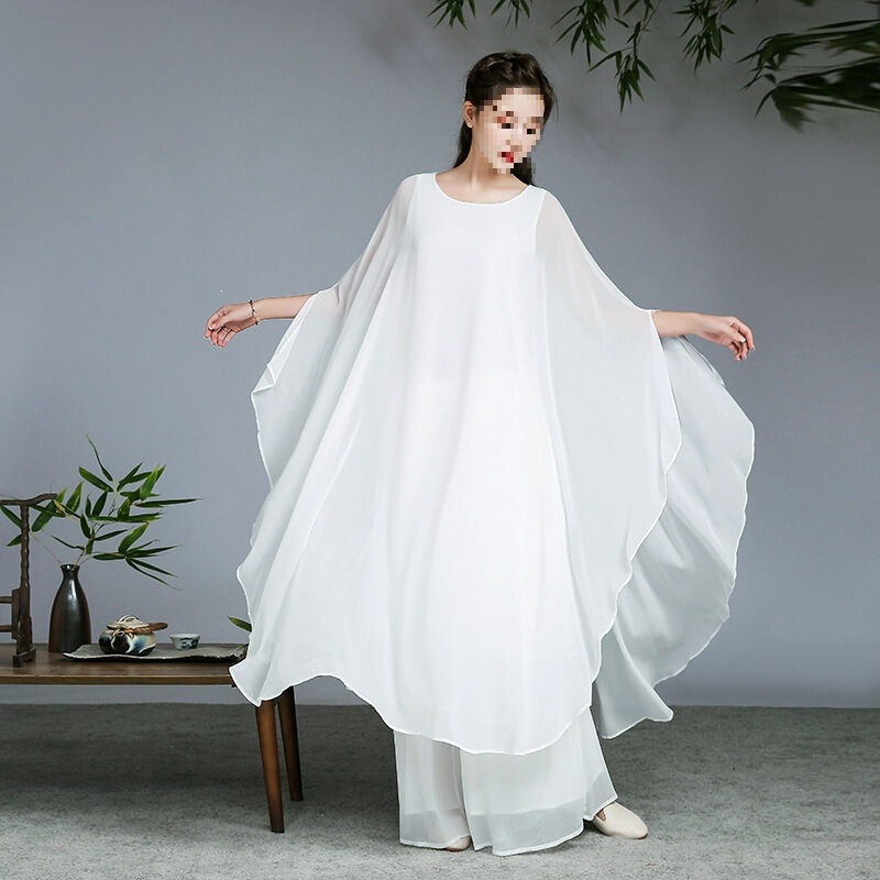 Three-Layer Chiffon Tea Dress with a Large Hem, Zen-Style Clothing, Wide-Leg Pants Set, Ethnic Style Dance Performance Dress for Women Three-Layer Chiffon Tea Dress with a Large Hem, Zen-Style Clothing, Wide-Leg Pants Set, Ethnic Style Dance Performance Dress for Women