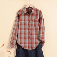 一件代发2025秋季新款翻领纯棉格子长袖宽松百搭复古文艺女士衬衫