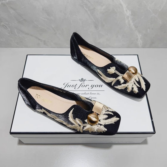 French Retro Embroidered Square Toe Shoes Women's Korean-style New Spring and Summer Shallow Mouth Flat Slip-on Soft Sole Shoes