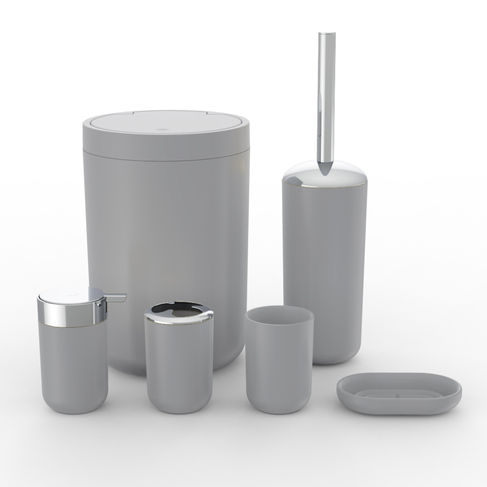 Plástico de color sólido plateado seis piezas conjunto de cepillo de dientes caja de jabón cepillo de inodoro almacenamiento baño conjunto de lavado