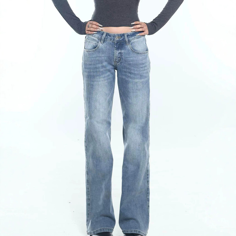 Bamboo Fiber Low-Waist Straight-Leg Jeans, Washed Blue, Loose Casual Pants, Slimming Versatile Commuter Pants for Women