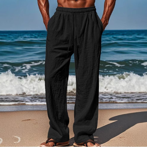 2025 Hawaii Summer Men's Casual Long Pants with Pouch Drawstring Elastic Waist and Plain Comfortable Breathable